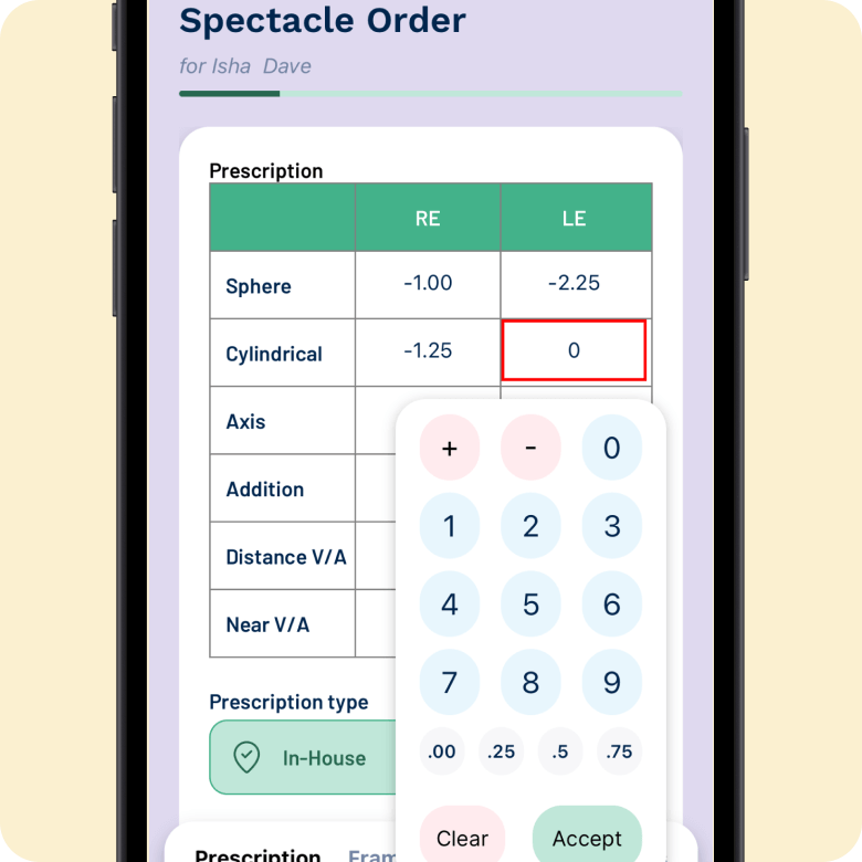 Asira Optician App - Keypad for prescriptions